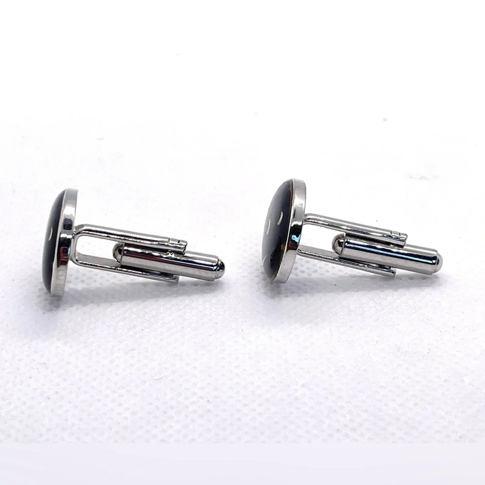 Black Oval Enamel Cufflinks w “Dot” Pattern Silver & Black! Stocking Stuffer!